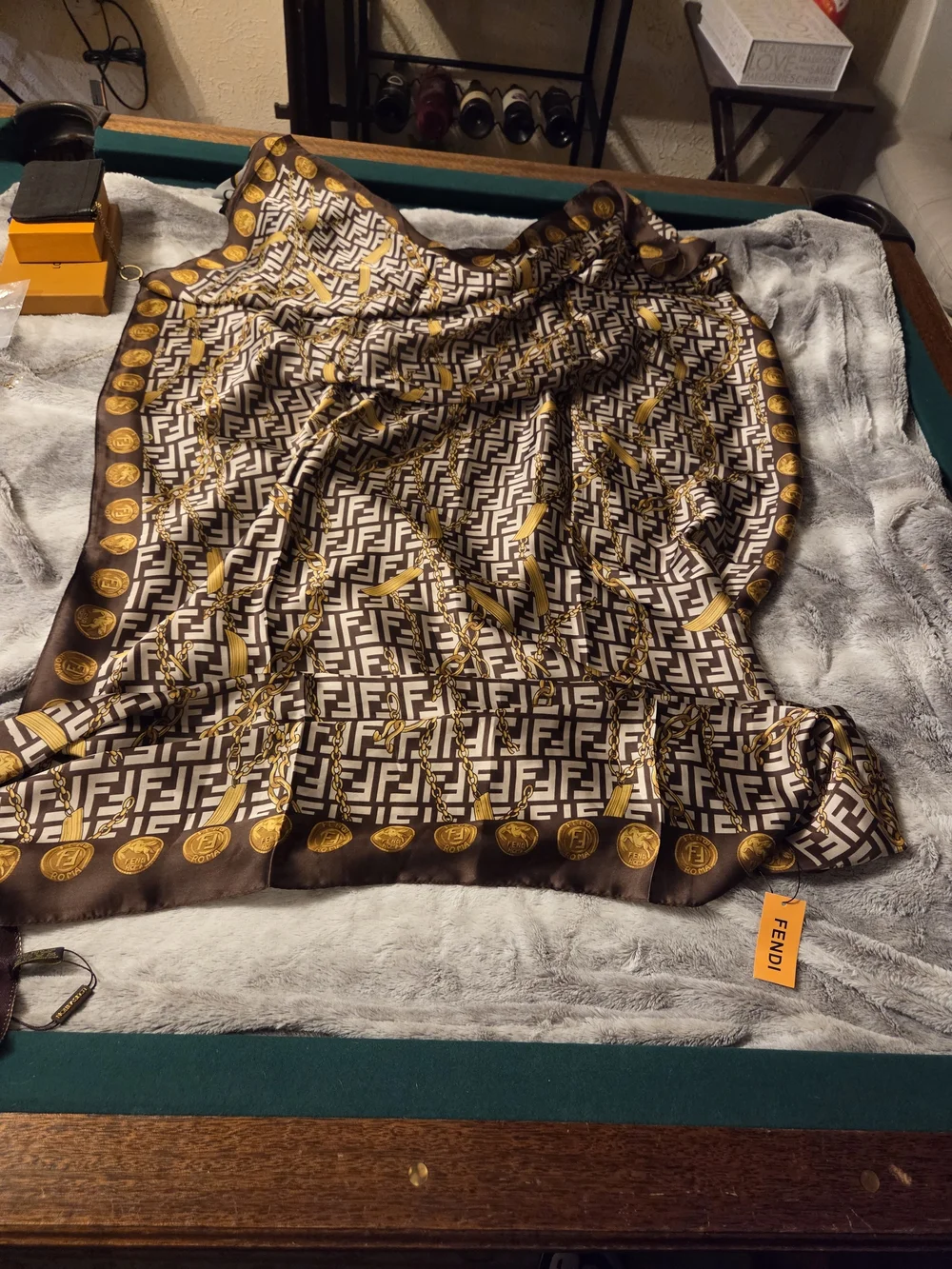 FF Brown & Gold Logo Print Silk Scarf NWT